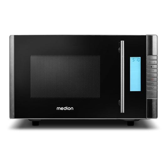 MEDION MD 14482 microwave with grill / 20L capacity / 8 automatic programs / defrost function / 800 watt microwave and 1000 watt grill power / timer / grill rack / silver / black