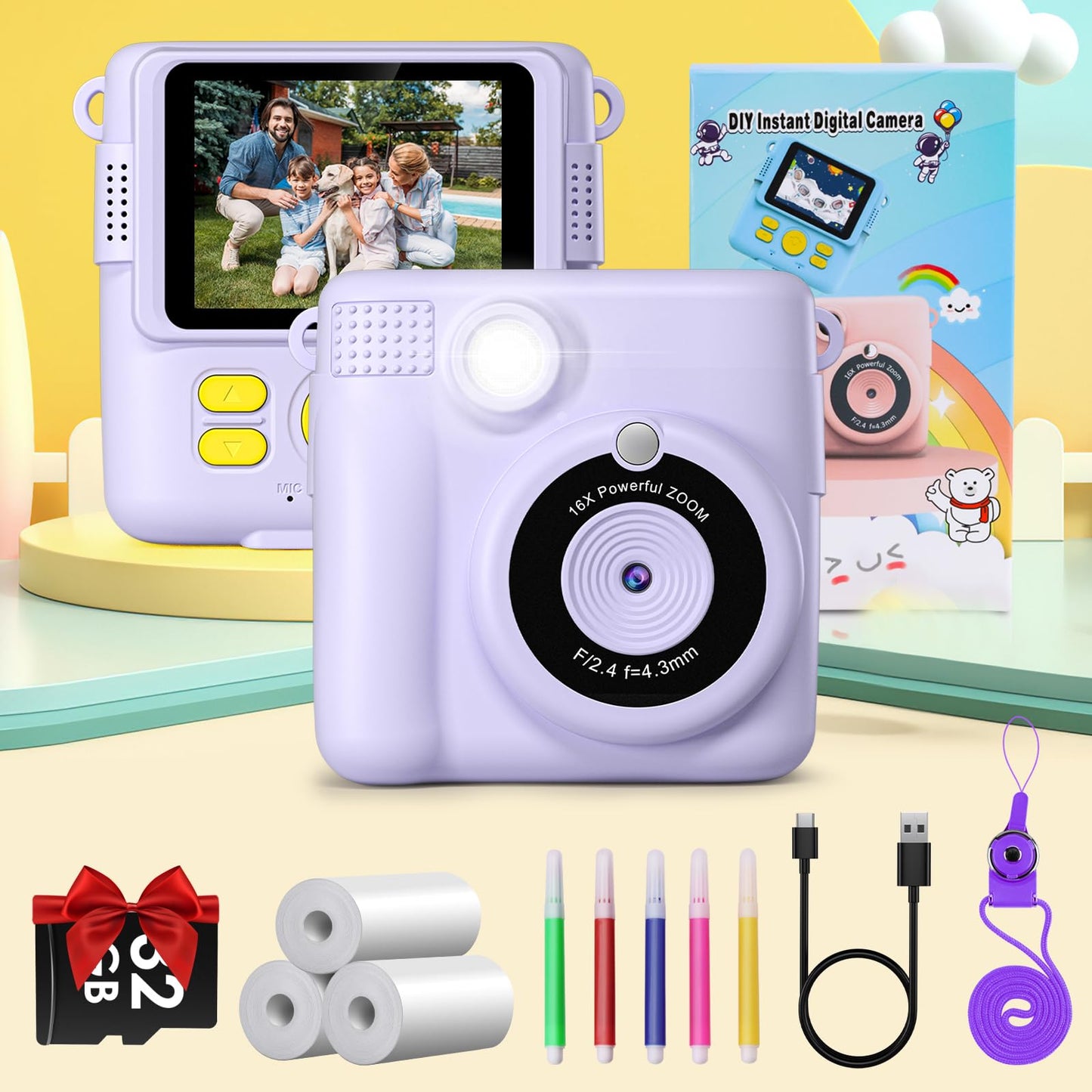 GREENKINDER Kids Camera Instant Camera, 1080P 2.4 Inch Instant Camera for Kids with Printing Paper & 32G Card, Kids Digital Camera with Colored Pens, Gift for Boys and Girls 3-12 Years