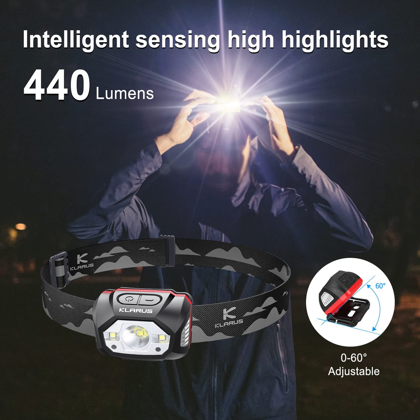 Klarus HM1 440 lumens rechargeable gesture sensor headlamp, 5 modes 70 hours runtime, IPX6 waterproof LED headlamp for running, camping, hiking, hunting (gray).