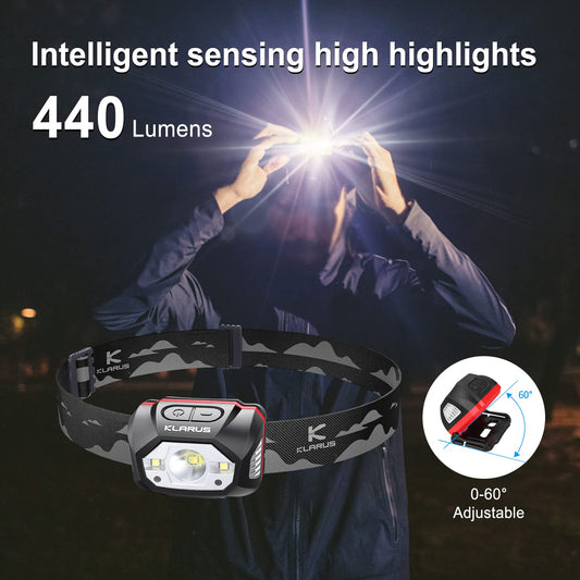 Klarus HM1 440 lumens rechargeable gesture sensor headlamp, 5 modes 70 hours runtime, IPX6 waterproof LED headlamp for running, camping, hiking, hunting (gray).