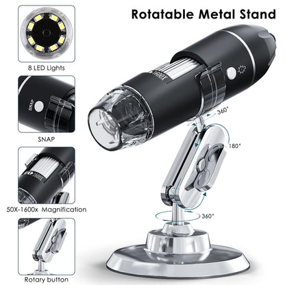 USB Digital Microscope, SKYBASIC handheld HD inspection camera with 50-1600x magnification and adjustable stand, 8 LED lights, compatible with iOS and Android devices.