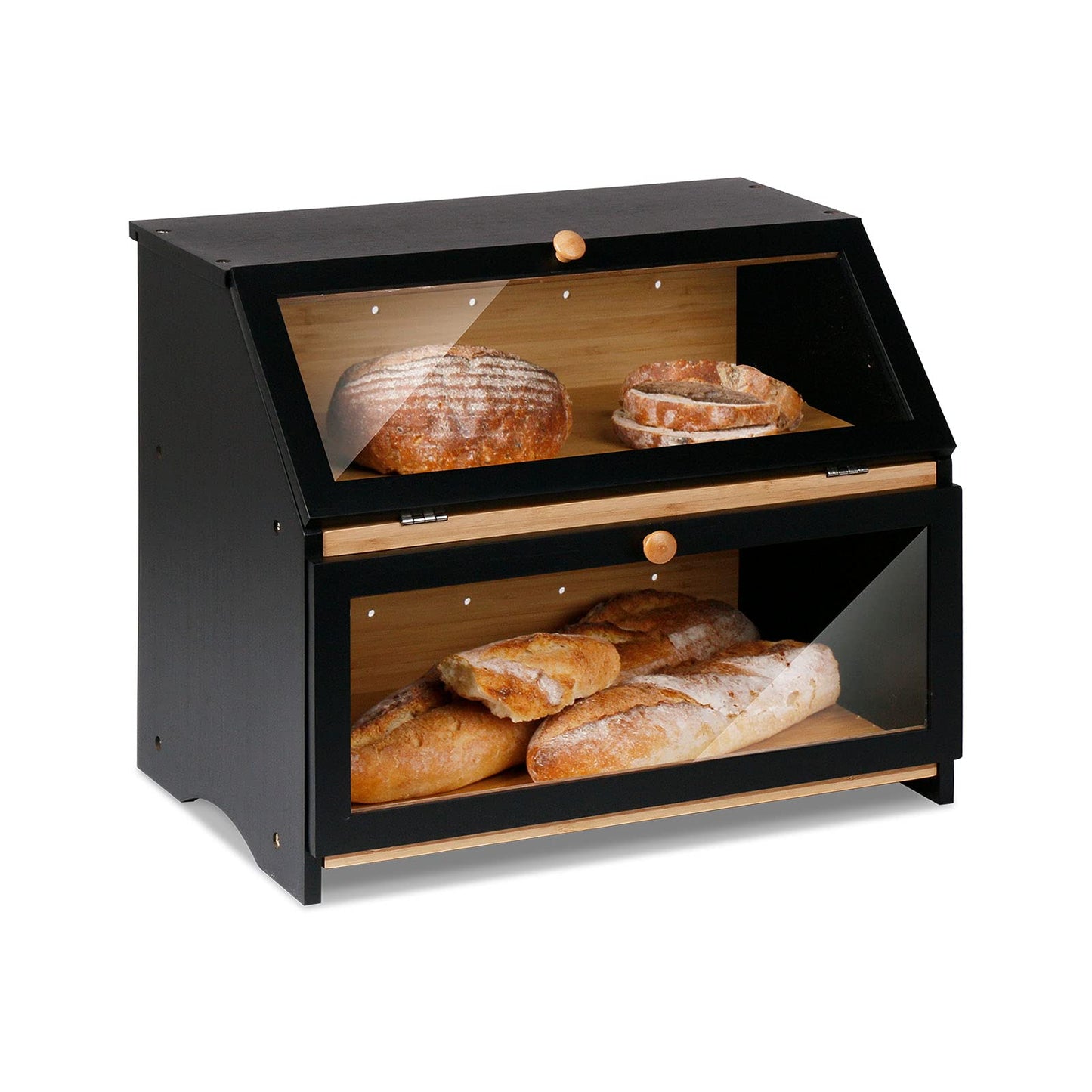 Leader Accessories Bamboo Bread Box 2 Tier Bread Container food safe Bread Storage easy to clean 39x25x32cm Black
