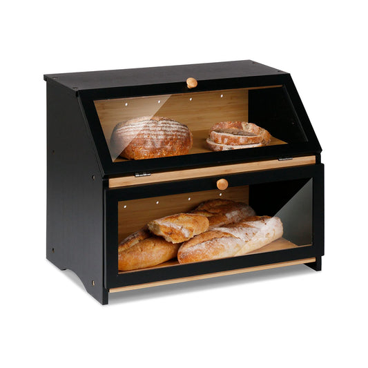 Leader Accessories Bamboo Bread Box 2 Tier Bread Container food safe Bread Storage easy to clean 39x25x32cm Black