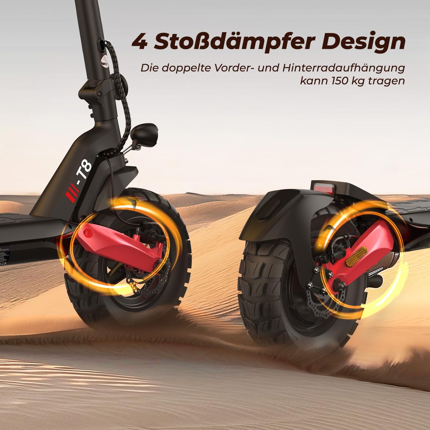 Street-legal e-scooter with 80-100 km range, 48V 15Ah battery, 10-inch off-road pneumatic tires, ABE electric scooter with dual suspension, foldable design, off-road capable for up to 150 KG, LED lights, app connectivity.