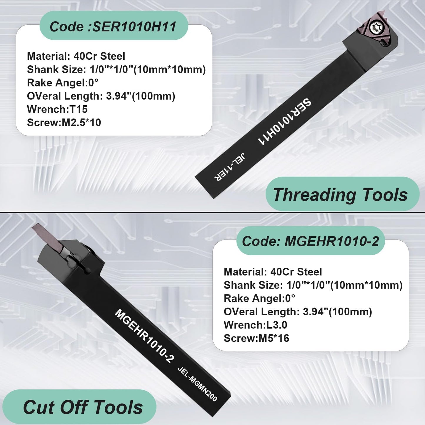 21 piece indexable turning tool set with boring bar, turning tool, and turning tool holder. Includes 7 turning tool holders, 7 carbide inserts, and 7 wrenches (10 mm).