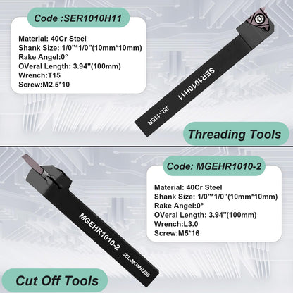 21 piece indexable turning tool set with boring bar, turning tool, and turning tool holder. Includes 7 turning tool holders, 7 carbide inserts, and 7 wrenches (10 mm).