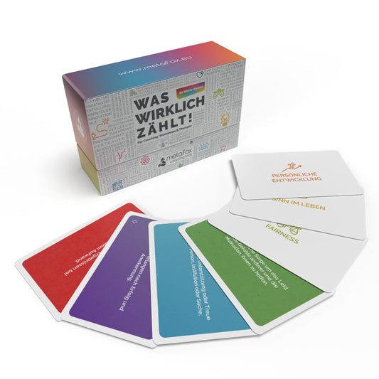 metaFox "What truly matters!" - 80 value cards for coaching, workshops, and therapy - For life coaching, act therapy cards, personal values cards, and therapy tools.