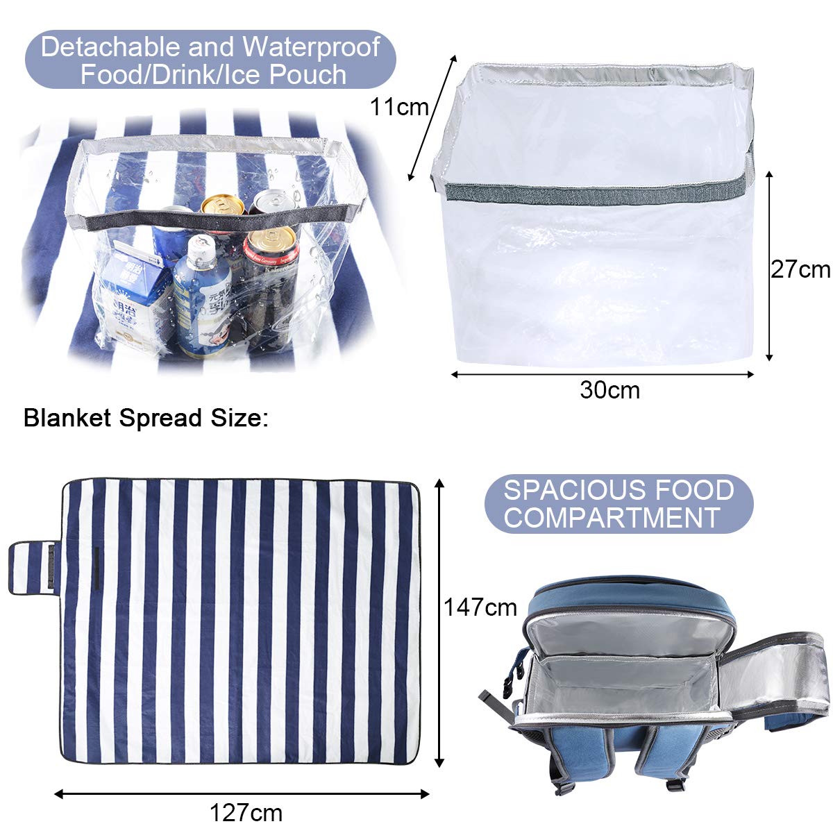 Sunflora picnic backpack set for 4 with insulated cooler and blanket, picnic basket for 4 people for camping outdoor (blue & stripes)