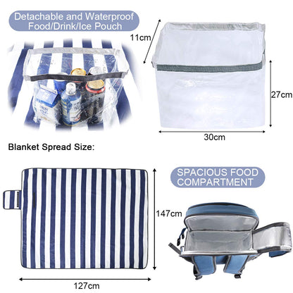 Sunflora picnic backpack set for 4 with insulated cooler and blanket, picnic basket for 4 people for camping outdoor (blue & stripes)