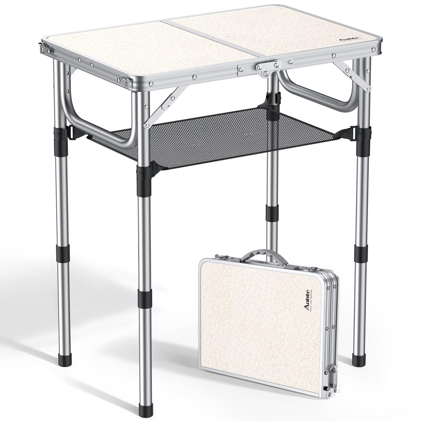 Offer camping table folding table 60x40cm aluminum frame with 3 height adjustable 26/48/70cm picnic table with storage net portable multifunction table for camping beach balcony (white)
