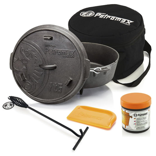 Petromax Fire Pot ft9 Starter Set - Dutch Oven with legs including storage bag, lid lifter, maintenance paste, and scraper - for all types of grilling and open fire - 7.5 liters.