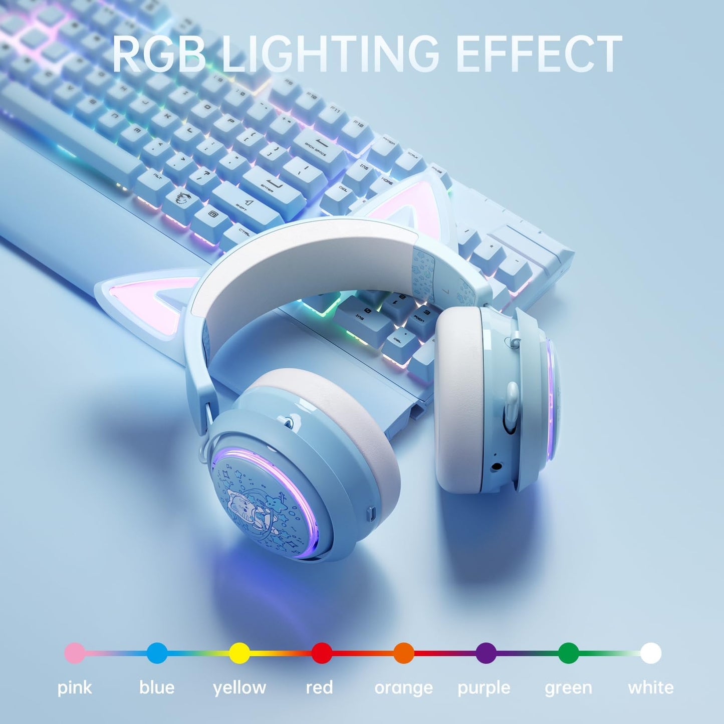 Somic Cat Ear Headphones, 2.4G/Bluetooth Wireless Gaming Headset for PS5, PS4, PC with RGB lights and retractable microphone, 10 hours playtime, for laptop, smartphone - GS510 Pro in Blue.