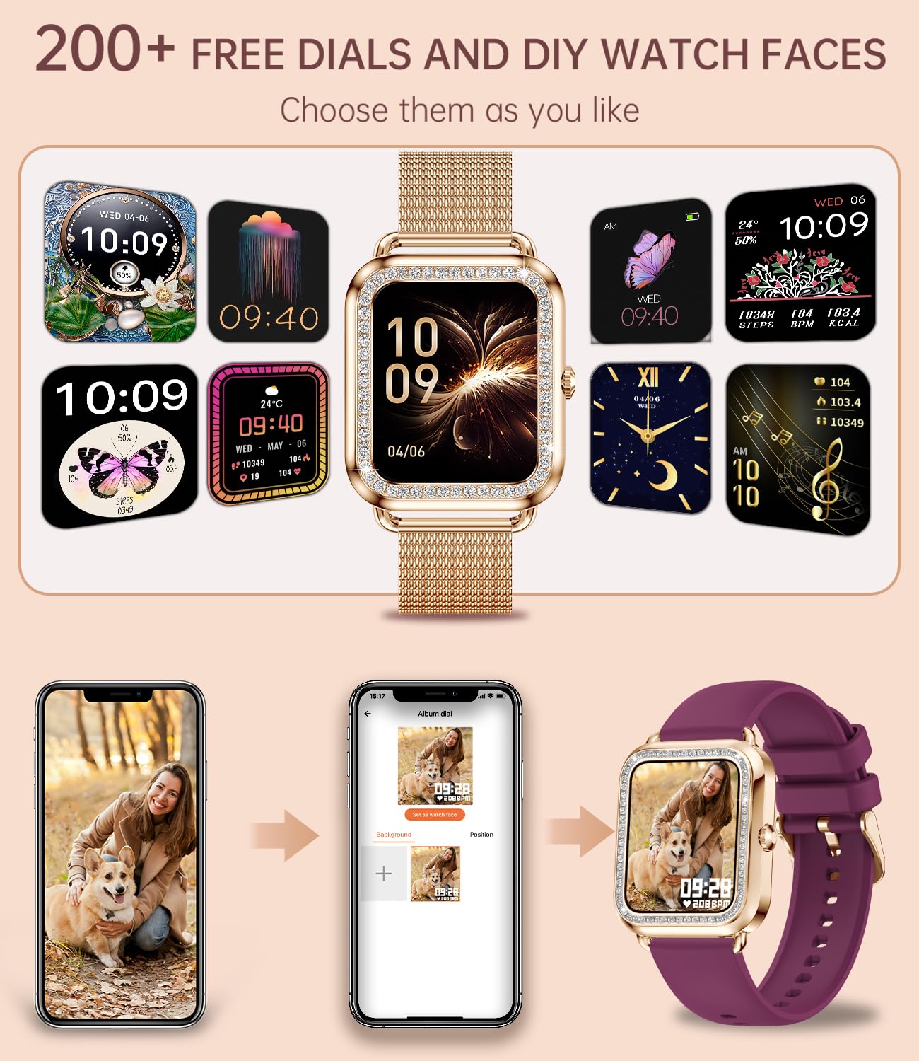 Erkwei smartwatch for women with phone function and voice assistant, 1.59'' HD display fitness tracker heart rate monitor sleep monitor message reminder small watch for iOS Android.