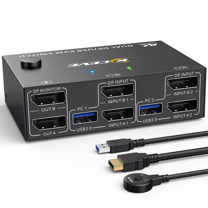 8K@30Hz KVM switch for 2 PCs and 2 monitors, 4K@144Hz dual monitor KVM switch with DisplayPort for 2 PCs, 2 monitors, and 4 USB 3.0 devices, includes DP+USB cable and desktop controller.