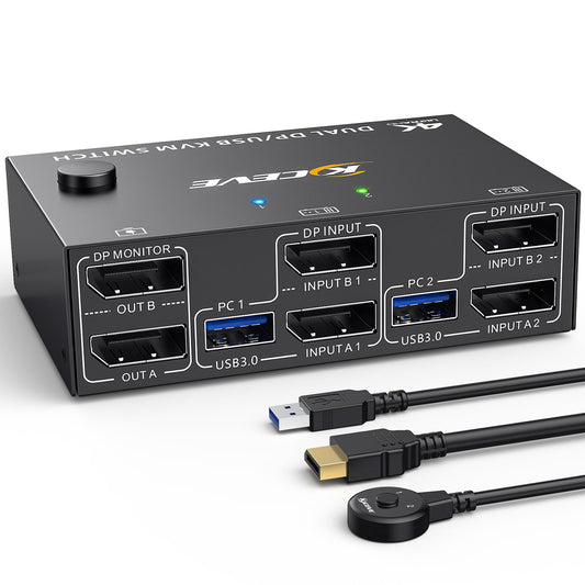 8K@30Hz KVM switch for 2 PCs and 2 monitors, 4K@144Hz dual monitor KVM switch with DisplayPort for 2 PCs, 2 monitors, and 4 USB 3.0 devices, includes DP+USB cable and desktop controller.