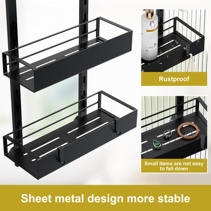 Orimade hanging shower caddy with hooks, adjustable shower shelf without drilling, 4 piece hanging shower basket for frameless glass door black.