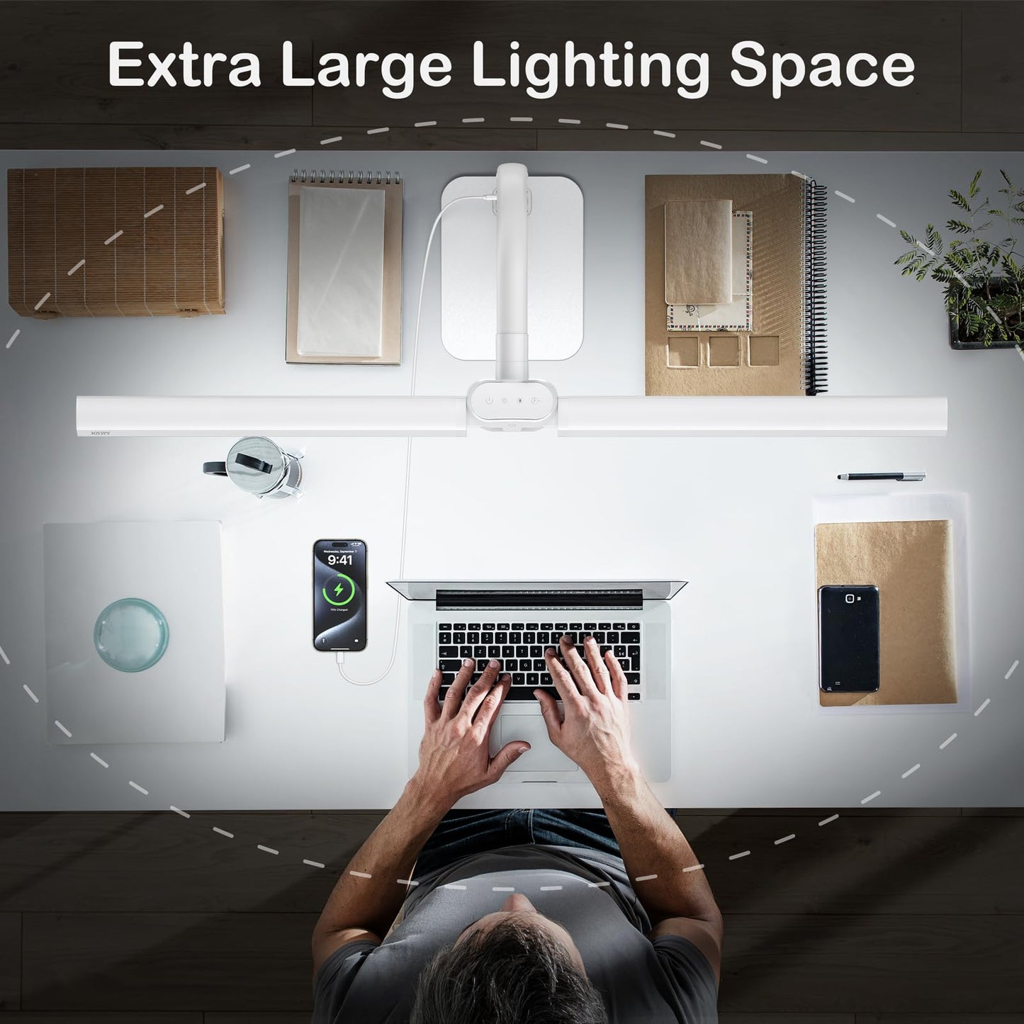 Kary LED Desk Lamp Dimmable with USB Charging Port and base, 24W Ultra Bright Dual Head Table Lamp for Office, Work, Design, Reading, Eye-Care Lamp with Remote Control, White