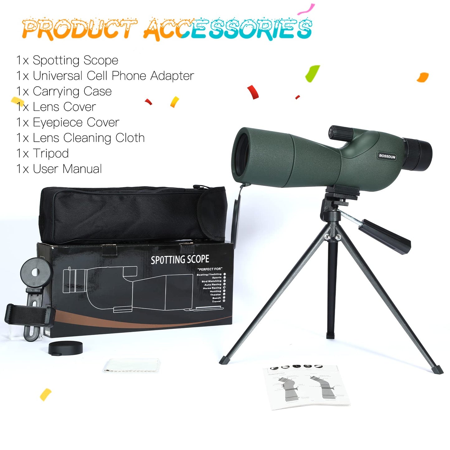 25-75X60 spotting scope for target shooting, hunting, bird watching, wildlife observation. Low light vision scope with metal tripod, phone adapter, carrying case, BAK4 prism, FMC lens, fog-proof (60G).