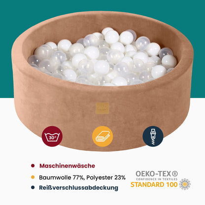 MEOWBABY Ball Pit 90x30cm Velvet - Ball Pit for Babies from 1 Year - Soft Foam Ball Pit for Kids with 200 Balls, Beige