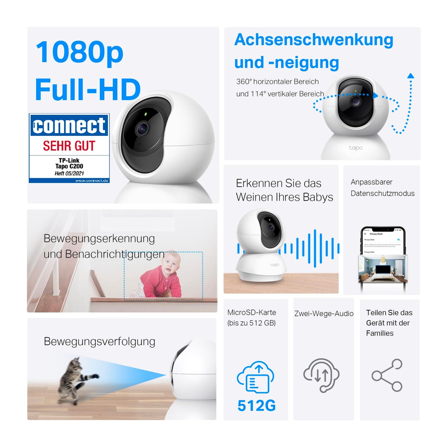 Tapo TP-Link C200 360° Indoor WiFi Security Camera, FHD 1080P, Night Vision, Motion Detection, Two-Way Audio, Alexa and Google Assistant compatible, for Babies/Pets