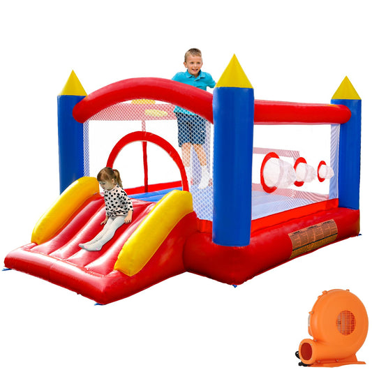 Ballsea PVC Inflatable Bounce House with blower, trampoline, slide, safety net. Made of PVC, suitable for home, outdoor, kindergarten, or commercial use. Size: 365 * 283 * 195cm.