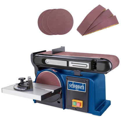 Scheppach Belt Disc Sander BTS900 with accessories | Grinding machine with 370W | 230V | 2850 min-1 | Grinding disc Ø 150mm | incl. 3x sandpaper and 3x sanding belt | Belt sander grinding device
