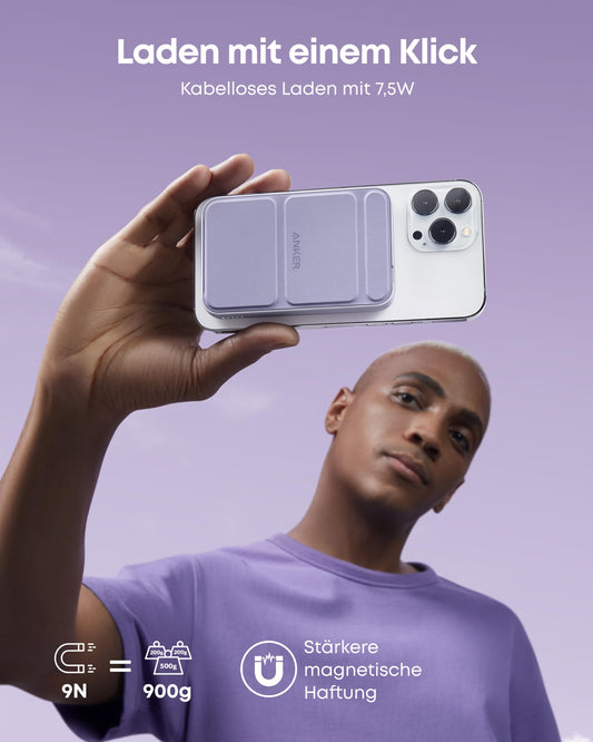 Anchor 622 Magnetic Wireless Power Bank (MagGo), 5000mAh folding magnetic power bank with USB-C for iPhone 17/16/15/14/13/12, Lavender