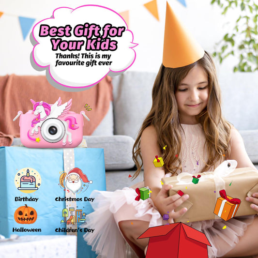 Children's camera, Unicorn Selfie Digital Camera with 32GB Card, Christmas birthday gift for boys and girls, 1080P HD Kids Camera, gifts toy for 3 4 5 6 7 8 9 10 11 12 years.