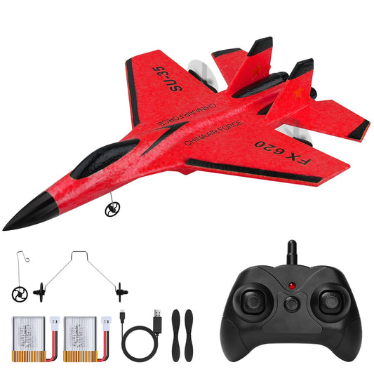 Henakmsl RC Airplane 2.4GHz SU35 Fighter RC Airplane 2CH Remote Control RTF for Beginners, Kids, and Adults, FX620 Airplane Toy with Colored Lights USB Charging Red