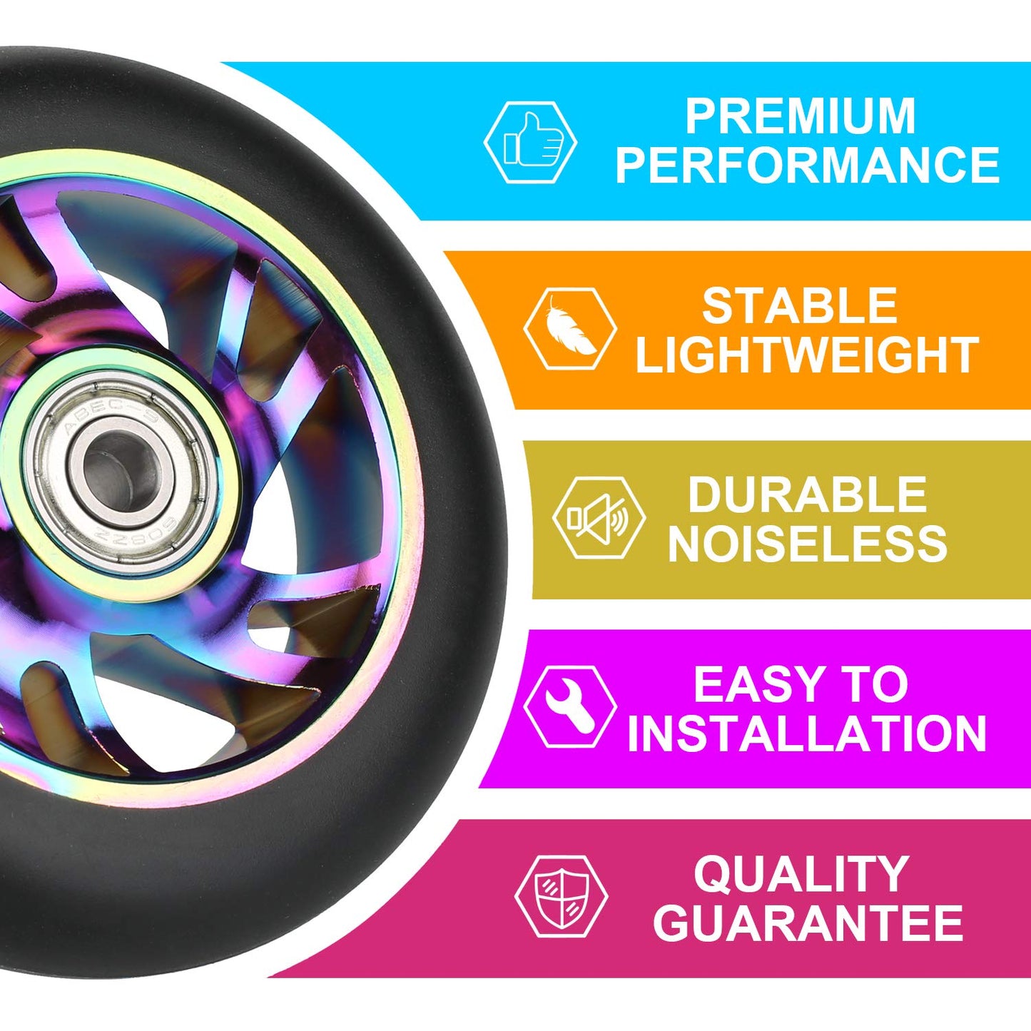 VOKUL 100mm Scooter Replacement Wheels Pro Scooter Neo Wheels - with ABEC-9 Bearings, 100 x 24mm Tire Kick Roller Wheels - Compatible with Apollo/Cox/Fuzion and most Freestyle Scooters, Pair