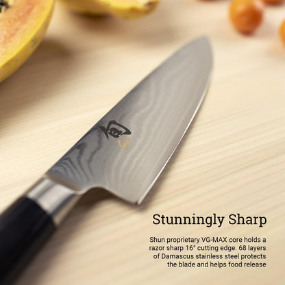 KAI Shun Classic 8-inch Japanese chef's knife - Damascus blade with 32 layers, VG-MAX core, 61 (±1) HRC - Pakka wood handle - Made in Japan - Forge-finished kitchen knife, chef knife, utility knife.