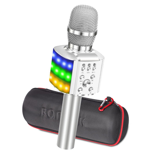 BONAOK microphone with speaker LED, Portable 4 in 1 microphone for kids with recording function, Home party Karaoke Dynamic Bluetooth Microphones for Android/iOS (Q36 Silver)