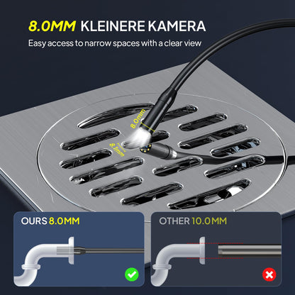 Endoscope camera with light, Qimic endoscope camera for mobile phones 8mm IP67 inspection camera, 4.3" HD pipeline camera with 8 LEDs, waterproof channel camera for tools.