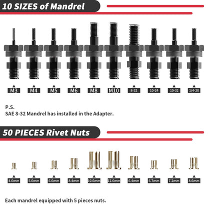 Beaspire Rivet Nut Adapter Kit for Electric Drill, Professional Rivet Nut Tool Set, 10 types of mandrels and 50 rivet nuts (M3-M10, 8-32, 10-24, 10-32 and 1/4-20), Sturdy Carrying Case.