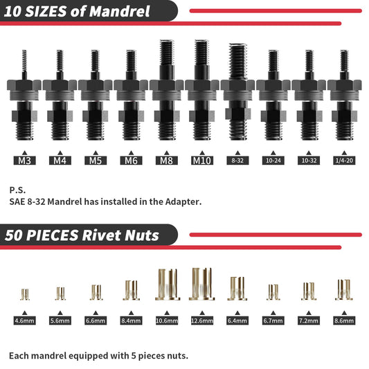 Beaspire Rivet Nut Adapter Kit for Electric Drill, Professional Rivet Nut Tool Set, 10 types of mandrels and 50 rivet nuts (M3-M10, 8-32, 10-24, 10-32 and 1/4-20), Sturdy Carrying Case.