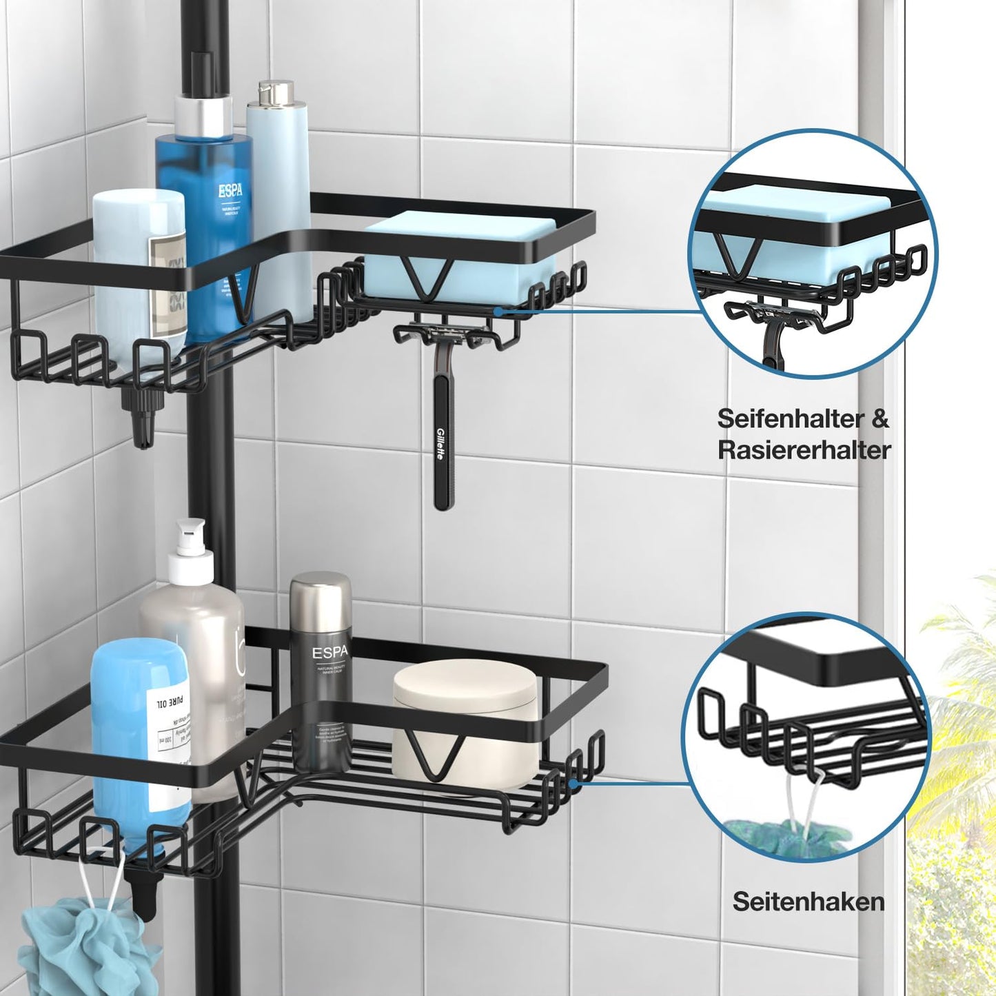 Kegii Telescopic Shower Caddy - Shower Shelf Without Drilling Corner Telescopic Rack Bathroom Corner Shelf Shower Shampoo Holder for Shower Black