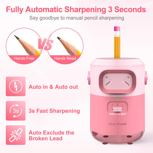 Comius Sharp Fully Automatic Electric Pencil Sharpener, Rechargeable Auto-Stop Sharpener for 6.5-8mm Pencils & Colored Pencils, Portable and Safe for Kids, Home, Office, School (Pink)