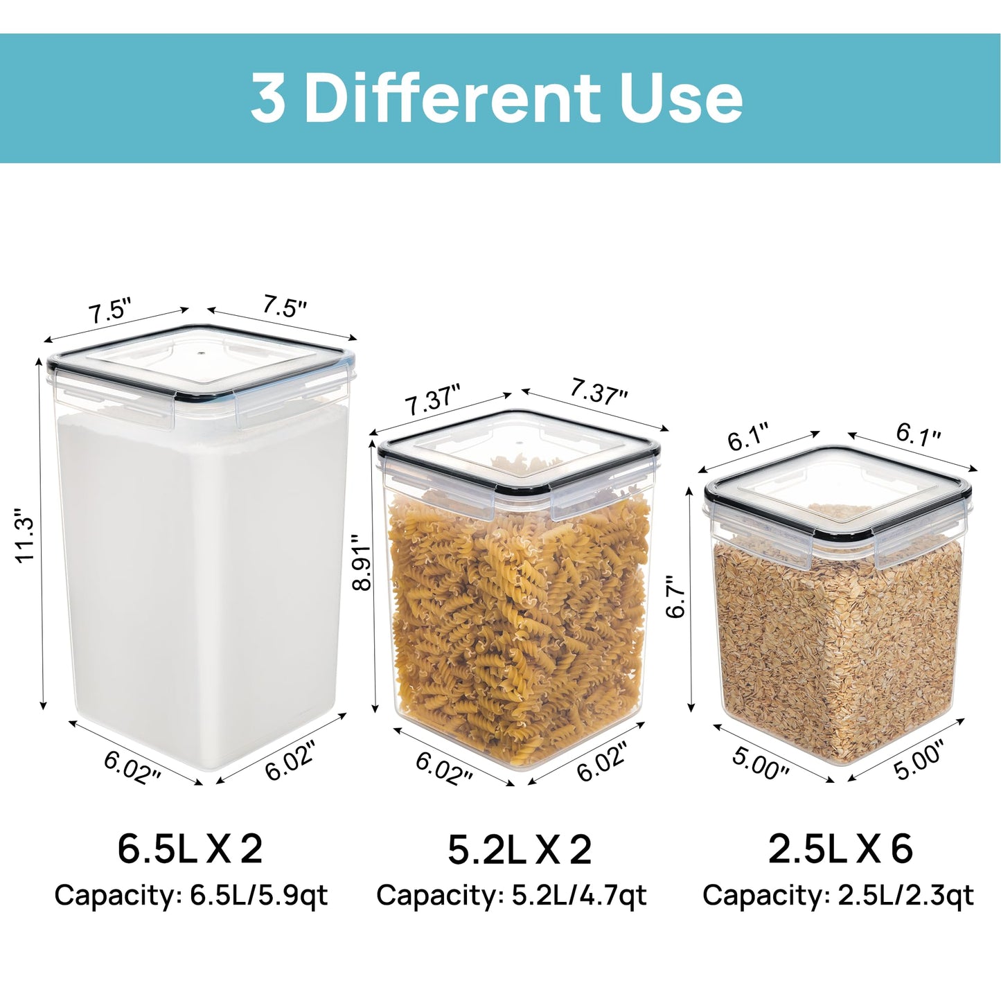 Vtopmart 10-piece set of large airtight storage containers with lids 6.5L, for flour and sugar storage, kitchen storage box for flour, cereal and sugar, BPA free, black.