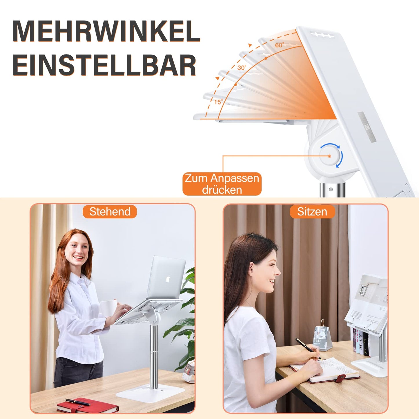 Adjustable laptop stand, suitable for 11-17.3 inch laptops. Can be used on desk, bed, sofa, or car. Great for reading and working.