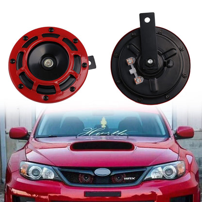 Car horn 12 volt high/low tone dual horn kit with red protective grille. Metal twin horns kit for car motorcycle, red set high/low tone.