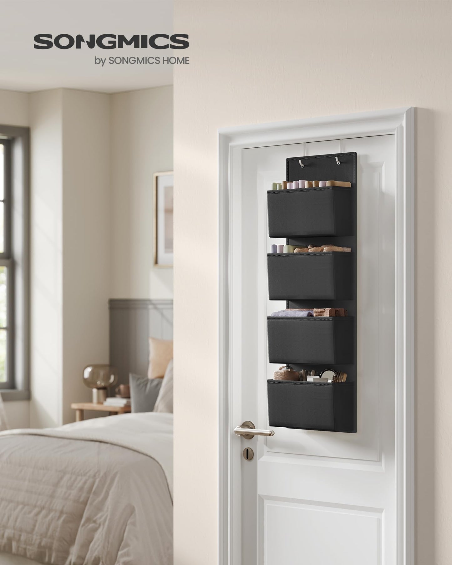 SONGMICS Hanging Organizer with 4 Pockets, Hanging Shelf, 2-Pack Closet Organizer, Hanging Storage, Door Organizer, Bedroom Living Room, 12 x 33.5 x 100 cm, Ink Black RDH004B02
