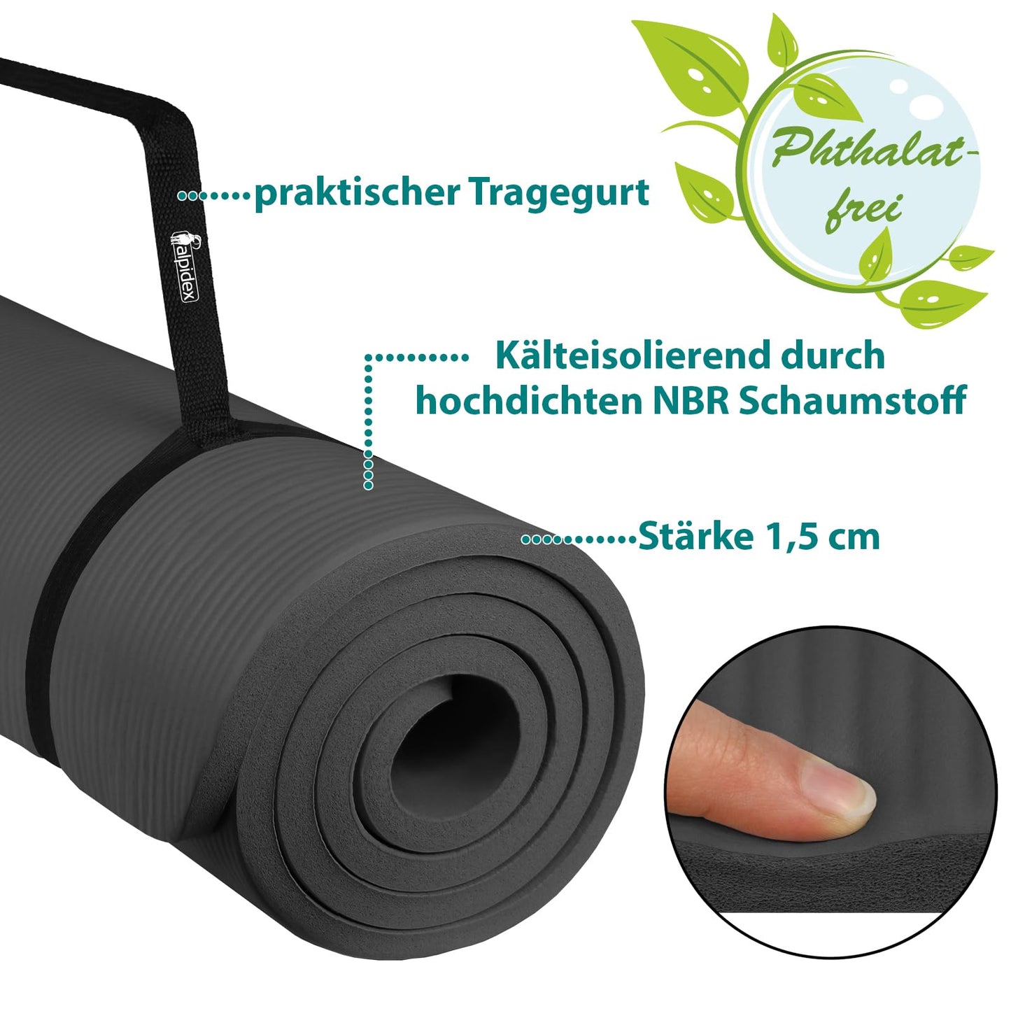 ALPIDEX Yoga Mat Extra Thick 1.5 cm Exercise Mat 3 Sizes E-Book Non-Slip Phthalate-Free Fitness Mat Gymnastics Pilates Sport Physio HIIT Yoga Training Mat Mat, Anthracite, 190 x 80 x 1.5 cm