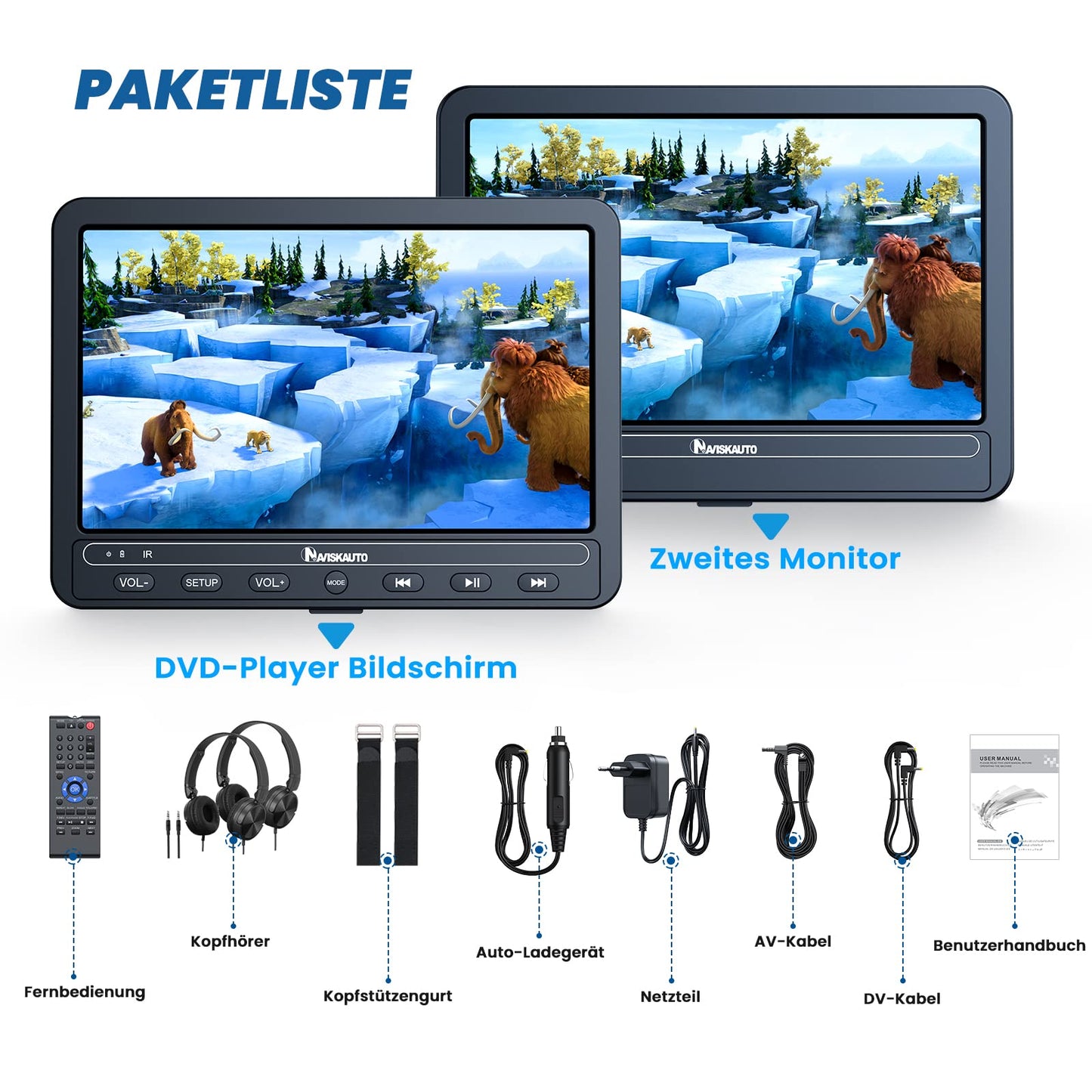 NAVISKAUTO 10.5'' Car DVD Player with 2 Screens, 2 Headphones, 5 Hour Battery, Car DVD Player with 2 Monitors, Headrest TV for Kids, Last Memory, USB, AV In/Out, 12V.