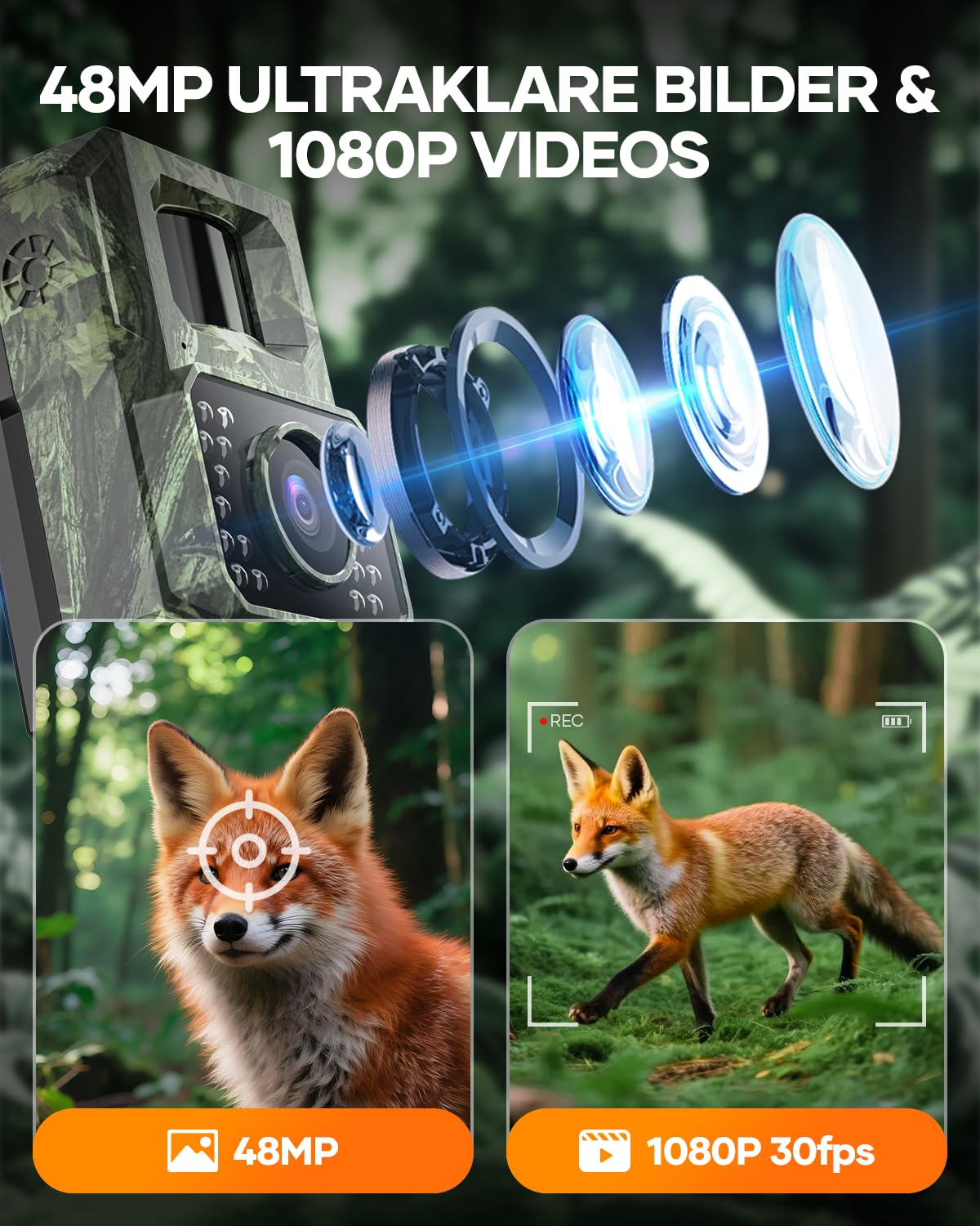 Assark trail camera with phone transmission app, 48MP 30fps WIFI solar trail camera with motion sensor night vision, rechargeable 2000mAh lithium battery, 0.2s trigger, IP66 waterproof.