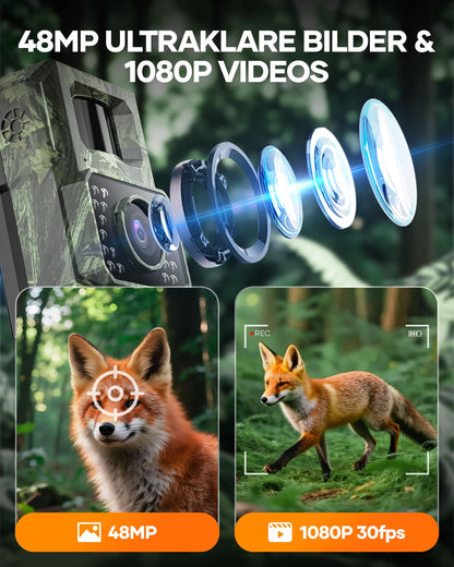 Assark trail camera with phone transmission app, 48MP 30fps WIFI solar trail camera with motion sensor night vision, rechargeable 2000mAh lithium battery, 0.2s trigger, IP66 waterproof.