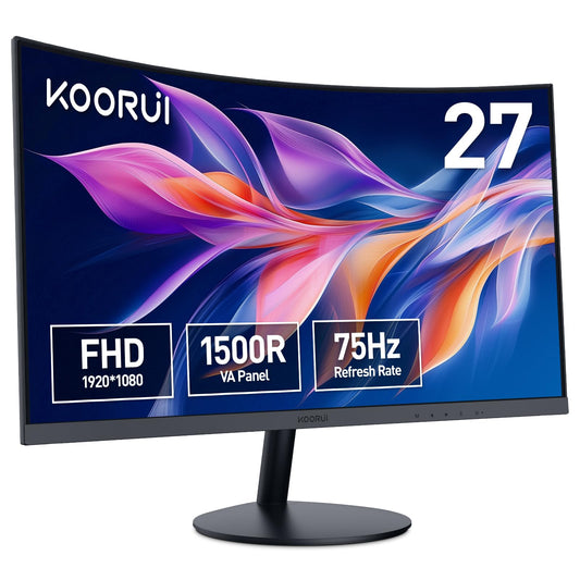 KOORUI Curved Monitor - 27 inch FHD Curved Computer Monitor, VA Panel, 75Hz, 1500R Curvature, Tilt Adjustment, Eye Care, HDMI, VGA Gaming Monitor, Black