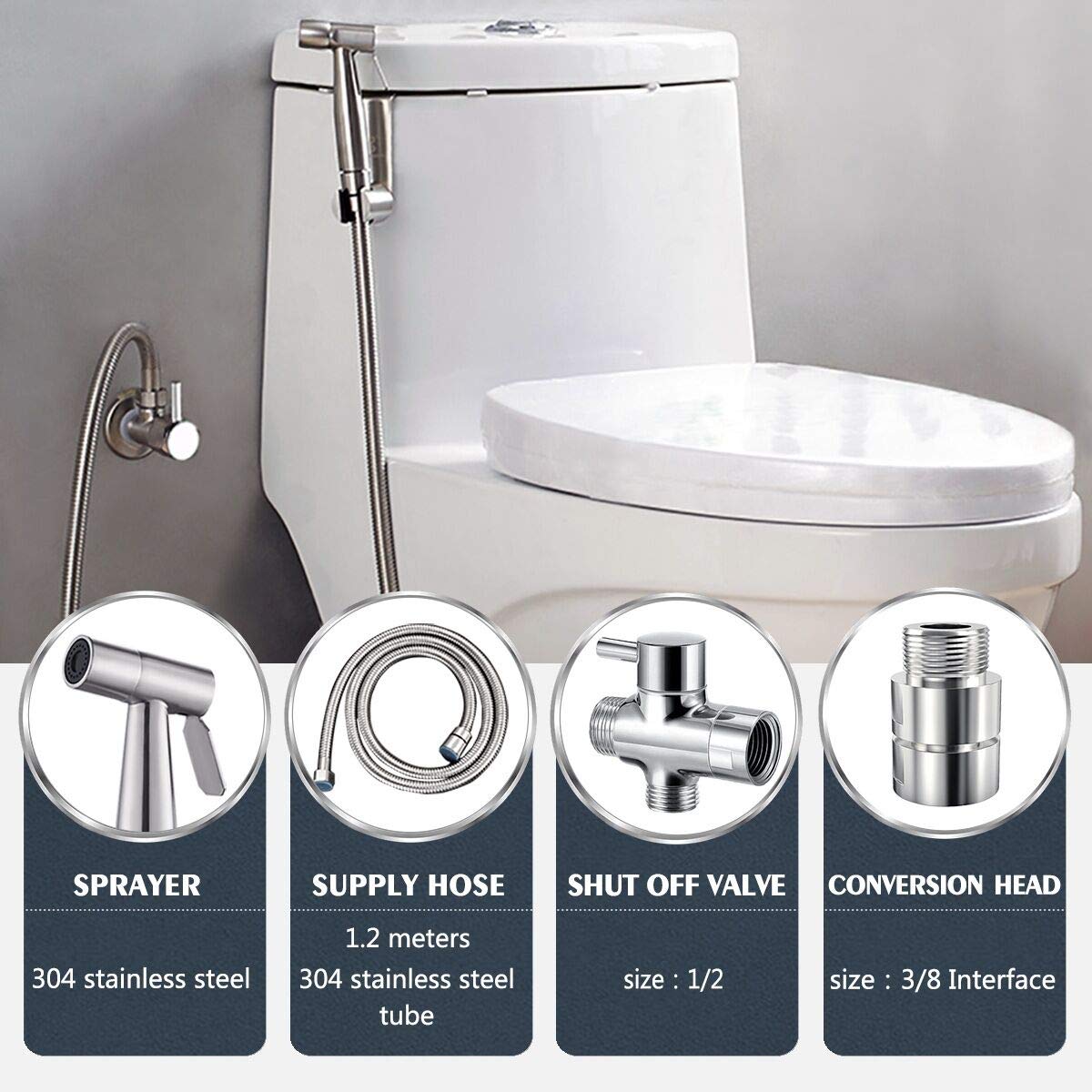 Handheld shower bidet for bidet faucets WC with G1/2" valve and a G3/8" toilet adapter Stainless steel shower head Diaper shower Pet bath