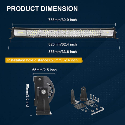 RIGIDON 32-inch 81cm 405W curved LED work light bar with 12V wiring harness kit, 2 x 13cm 72W LED floodlights Offroad lighting, LED light bar for car truck tractor 4x4 vehicles.