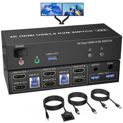 KVM Switch 2 PC 2 Monitors USB 3.0, 4K@60Hz HDMI KVM Switch 2 PC 2 Monitors with audio microphone output and 3 USB 3.0 Ports, PC Monitor Keyboard Mouse Switcher