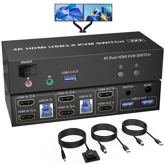 KVM Switch 2 PC 2 Monitors USB 3.0, 4K@60Hz HDMI KVM Switch 2 PC 2 Monitors with audio microphone output and 3 USB 3.0 Ports, PC Monitor Keyboard Mouse Switcher